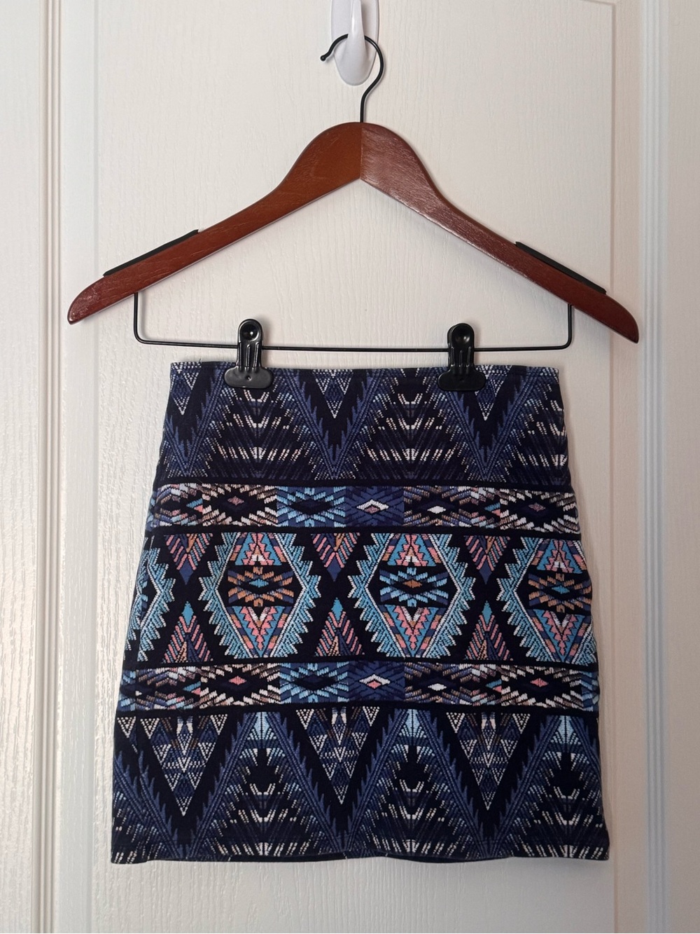 Hollister Navy Geo-Patterned Knit Mini Skirt with Pink & Light Blue Accents